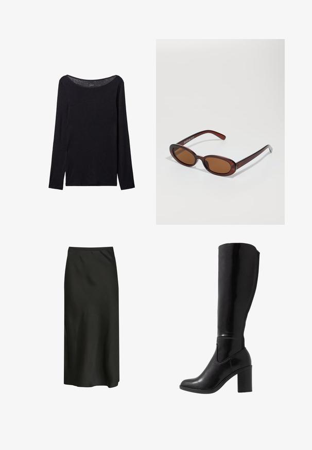 Chemise noire à manches longues avec un large col, en tissu doux, présentant une coupe ajustée et de minimalistes détails de couture.; Jupe midi noire fabriquée en tissu lisse et léger. Présente un design simple avec une taille élastique et une légère brillance.; Bottes noires à talons vernies hauteur genou, avec un bout arrondi, une texture lisse, un détail de découpe sur le côté et un talon empilé chunky.; Lunettes de soleil rondes teinte brun avec une monture bordeaux brillante. Branches fines avec un détail de marque subtil. Design de verres plats.; Sac à main en cuir noir avec deux poches zippées à l'avant, une bandoulière et des détails en métal argenté. Texture lisse et design épuré.