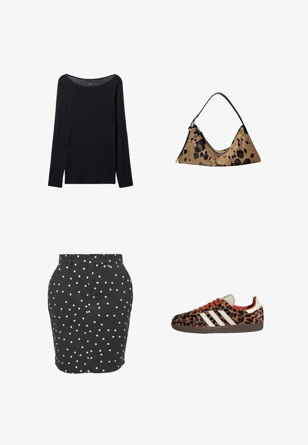 Zwart langslijfshemd met een brede halslijn, gemaakt van zachte stof, met een aansluitend ontwerp en minimale stikdetails.; Zwarte spijkerrok met witte stippen, een aansluitend ontwerp en een knoopsluiting aan de voorkant met zakken aan de zijkanten.; Leopardprint sneakers van suède met rode veters en drie witte strepen aan de zijkant. Bevat een crèmekleurige tong en een bruine zool.; Driehoekige handtas van tan kleurig bont met zwarte vlekken, voorzien van een slanke zwarte leren schouderriem en een ritssluiting aan de bovenrand.