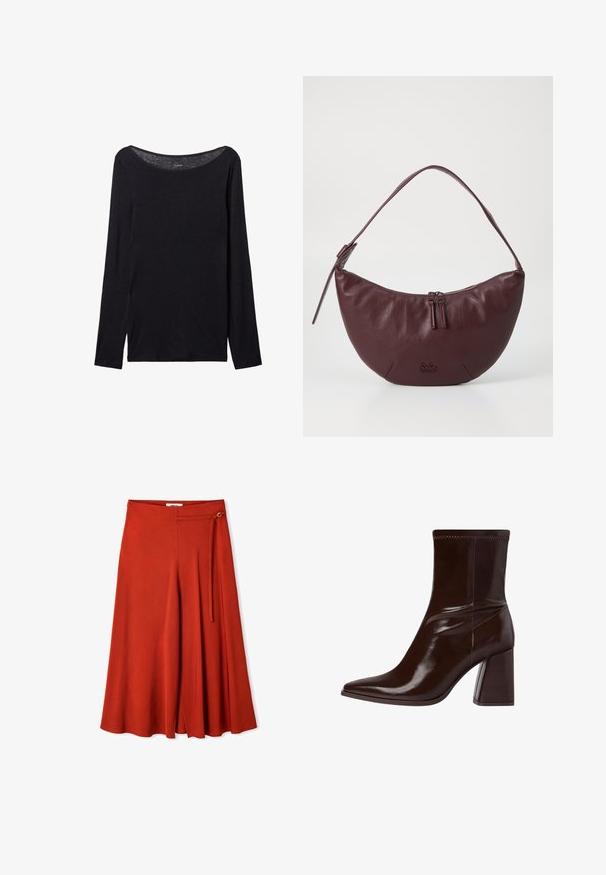 Schwarz langärmliges Shirt mit weitem Ausschnitt, aus weichem Stoff gefertigt, mit einer taillierten Passform und minimalen Nähten.; Rote weite Hosen aus weichem Stoff, mit flachem Bund, seitlichen Bindedetails und einer ausgestellten Silhouette mit gefältelten Akzenten.; Braune Lackleder-Stiefelette mit spitzem Zehenbereich, elastischem Knöchel und blockartigem Absatz. Elegantes Design mit glatter Textur.; Bordeauxfarbene Lederhandtasche mit geschwungenem Design, ausgestattet mit einem Reißverschluss, zwei Reißverschlussanhängern und einem kurzen Schultergurt. Details umfassen ein geprägtes Logo.