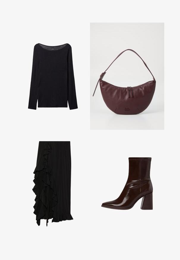 Chemise noire à manches longues avec un large col, en tissu doux, présentant une coupe ajustée et de minimalistes détails de couture.; Jupe noire en tissu doux avec un détail à volants sur le côté gauche et une finition à volants en bas, créant une silhouette fluide.; Bottine en cuir verni marron avec un bout pointu, une cheville élastique et un talon bloc épais. Design élégant avec une texture lisse.; Sac à main en cuir bordeaux avec un design courbé, doté d'une fermeture éclair, de deux tirettes de fermeture et d'une courte bandoulière. Détails comprenant un logo embossé.