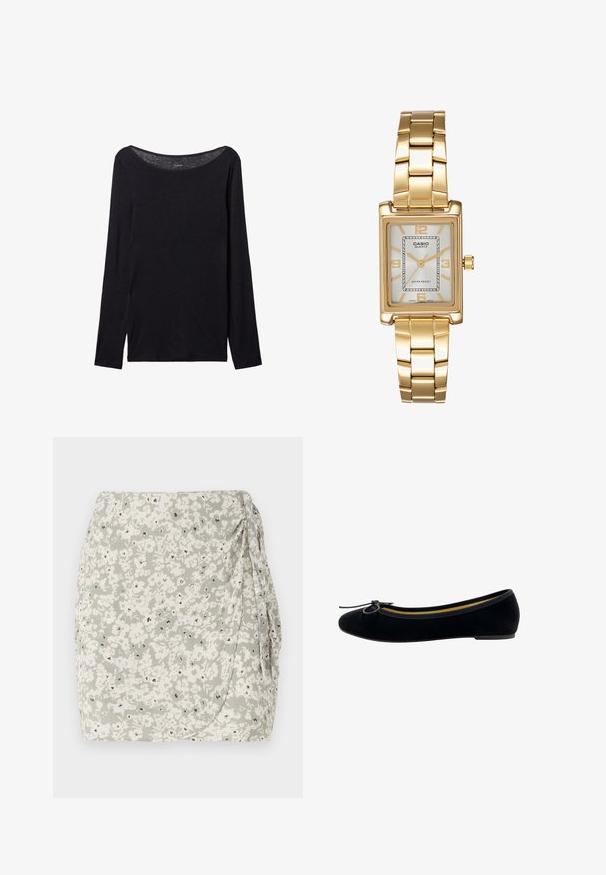 Schwarz langärmliges Shirt mit weitem Ausschnitt, aus weichem Stoff gefertigt, mit einer taillierten Passform und minimalen Nähten.; Blumiges Minikleid in hellgrün und Creme mit geraffter Seite und schwarzen Akzenten. Weicher, strukturierter Stoff mit Wickeldesign.; Schwarze Samt-Ballerinas mit runder Zehenpartie, einer kleinen Schleifenapplikation auf der Vorderseite und einem kontrastierenden gelben Innenfutter.; Goldfarbene rechteckige Armbanduhr mit Zifferblatt in Weiß, silbernen Stundenmarkierungen und einem strapazierfähigen Metallarmband. Wasserfest.