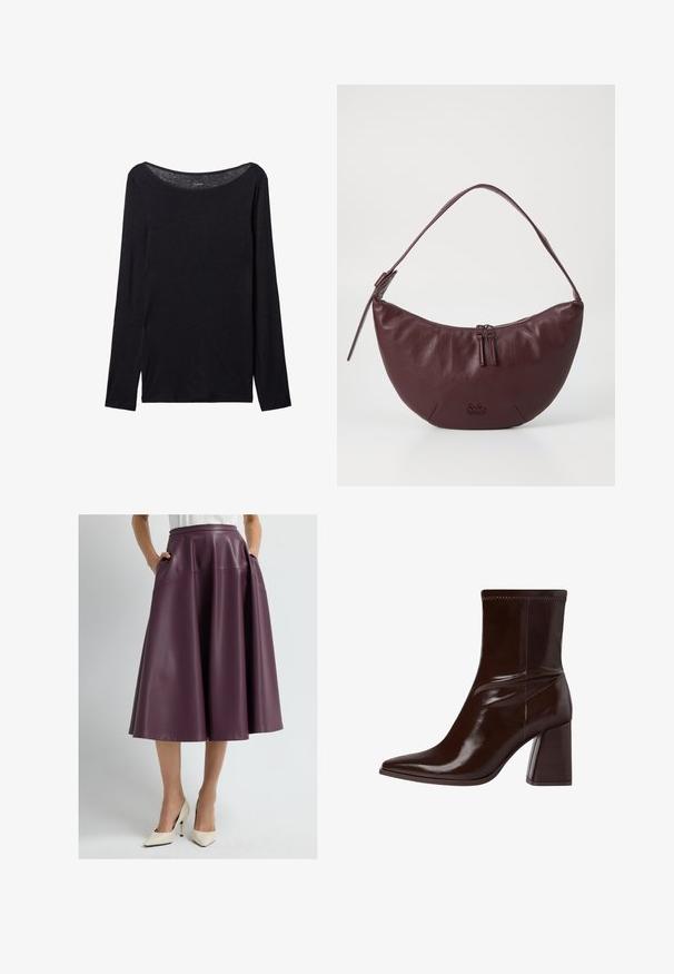 Black long-sleeve shirt with a wide neckline, made of soft fabric, featuring a fitted design and minimal stitching details.; Woman wearing a knee-length dark purple leather skirt with pockets and white pointed high heels, standing against a plain background.; Brown patent leather ankle boot with a pointed toe, elasticized ankle, and a chunky block heel. Sleek design with smooth texture.; Maroon leather handbag with a curved design, featuring a zip closure, two zipper pulls, and a short shoulder strap. Detailing includes embossed logo.