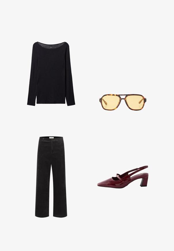 Chemise noire à manches longues avec un large col, en tissu doux, présentant une coupe ajustée et de minimalistes détails de couture.; Pantalons larges en velours côtelé noir avec des côtes verticales, une taille structurée et un devant plat. Le tissu semble doux avec un léger éclat.; Next FOREVER COMFORT SQUARE TOE - REGULAR FIT - Escarpins - red; Lunettes de soleil en écaille de tortue avec un design géométrique, verres jaunes et accents en métal sur les tempes. Monture large et texture mate.