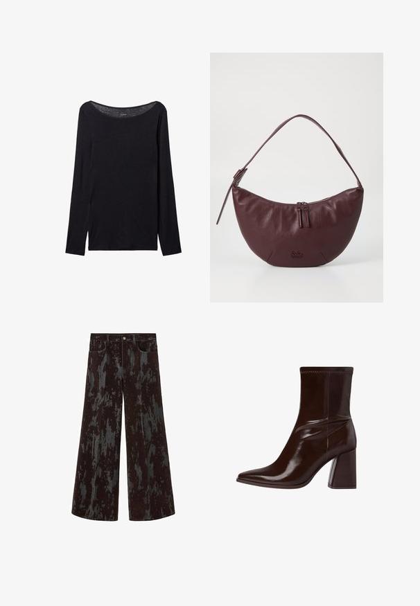 Maglietta nera a maniche lunghe con un ampio scollo, realizzata in tessuto morbido, caratterizzata da un design aderente e dettagli di cucitura minimi.; Pantaloni a gamba larga con motivo misto nero e grigio scuro, dotati di tasche frontali e chiusura a bottone in vita.; Stivale alla caviglia in pelle verniciata marrone con punta affusolata, cavigliera elasticizzata e tacco a blocco spesso. Design elegante con superficie liscia.; Borsa a tracolla in pelle bordeaux con un design curvo, dotata di chiusura con zip, due tirazip e una tracolla corta. I dettagli includono un logo impresso.