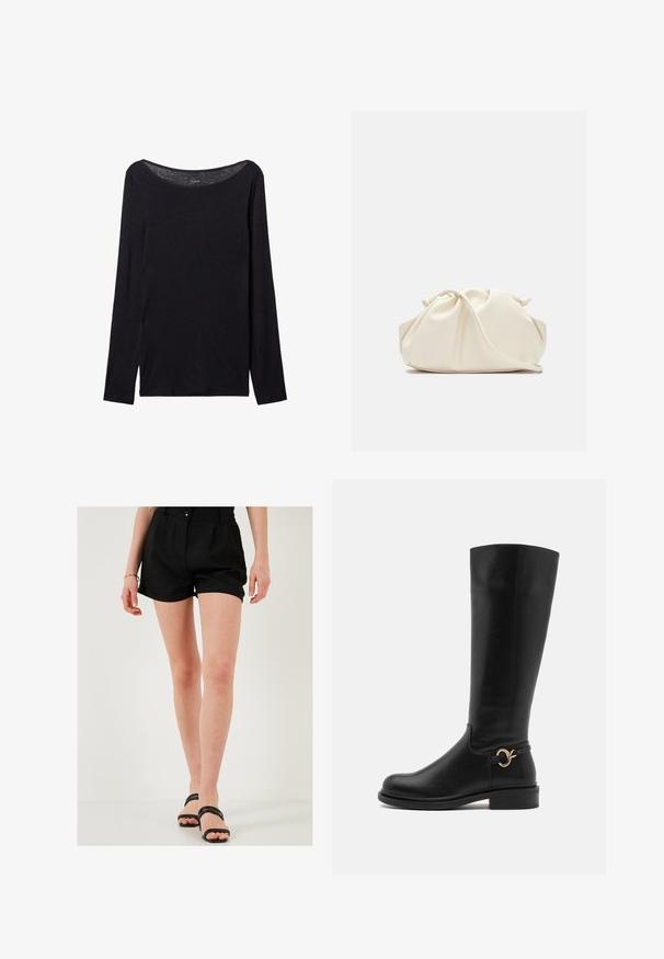Czarna koszula z długim rękawem o szerokim dekolcie, wykonana z miękkiego materiału, charakteryzująca się dopasowanym krojem i minimalnymi detalami szwów.; Czarne lniane szorty o dopasowanym kroju, z przodu z zaszewkami i jednym zapięciem na guzik. Połączone z czarnymi klapkami na slip.; Anna Field Wide Fit - Kozaki; Kremowa, miękka torba z sztucznej skóry o marszczonym wzorze, z regulowanym paskiem i subtelnym zapięciem na sznurek. Gładka faktura i zaokrąglony kształt.; Srebrne kolczyki w kształcie kropli z zaokrąglonymi, odbijającymi światło powierzchniami; minimalistyczny design z gładką fakturą i subtelnym detalem brandingowym.