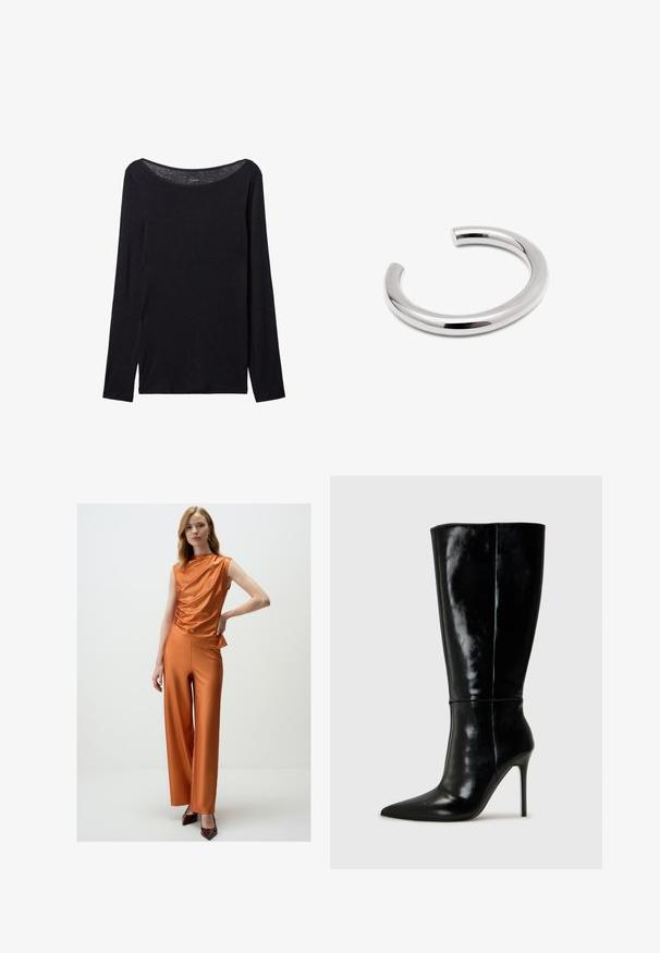 Czarna koszula z długim rękawem o szerokim dekolcie, wykonana z miękkiego materiału, charakteryzująca się dopasowanym krojem i minimalnymi detalami szwów.; Pomarańczowa satynowa bluzka z drapowanym dekoltem, zestawiona z pasującymi szerokimi spodniami. Modelka nosi brązowe szpilki. Prosty, harmonijny design.; Czarne skórzane wysokie buty za kolano z ostro zakończonym noskiem i wysokim obcasem w kształcie szpilki. Gładka tekstura i smukły design, z minimalnymi detalami.; Srebrna bransoletka na nadgarstek o gładkim, zaokrąglonym kształcie. Posiada bezszwowe, wypolerowane wykończenie z otwartym końcem dla łatwego zakupu.