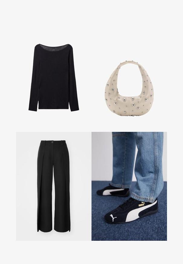 Černá dlouhá halenka s širokým výstřihem, vyrobená z měkké látky, s těsným střihem a minimálními švy.; Černé široké kalhoty vyrobené z hladké látky mají přední záhyby, jedno tlačítko na zapínání a poutka na opasek.; Černé semišové tenisky s bílými akcenty a zlatým logem. Nosené s světle modrými jeany a položené na strukturovaném modrém povrchu.; Beige kožená taška s hobo tvarem, zdobená stříbrnými kovovými nýty různých velikostí po celém povrchu a kontrastním zipem.