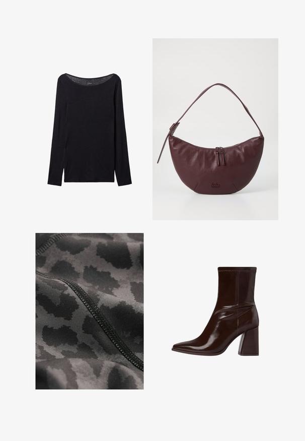 Black long-sleeve shirt with a wide neckline, made of soft fabric, featuring a fitted design and minimal stitching details.; Black athletic fabric featuring a subtle leopard print pattern. Smooth texture with visible stitching detail along the edges.; Brown patent leather ankle boot with a pointed toe, elasticized ankle, and a chunky block heel. Sleek design with smooth texture.; Maroon leather handbag with a curved design, featuring a zip closure, two zipper pulls, and a short shoulder strap. Detailing includes embossed logo.