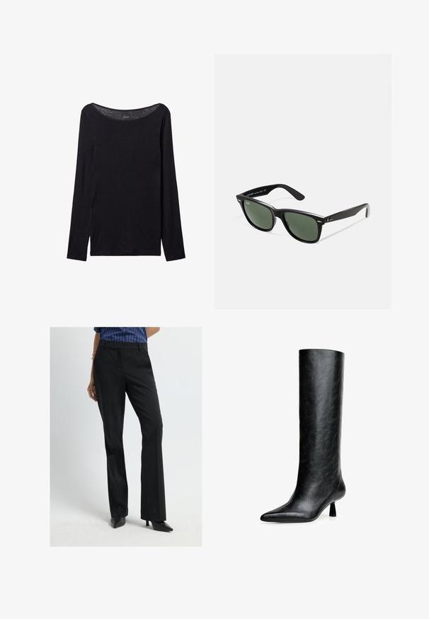 Černá dlouhá halenka s širokým výstřihem, vyrobená z měkké látky, s těsným střihem a minimálními švy.; Černé upravené kalhoty se střízlivým střihem, vyrobené z hladké tkaniny, s bočními kapsami a středně vysokým pasem.; Černá kozačka po kolena vyrobená z texturované kůže. Má špičatou špičku a malý, rozšířený podpatek. Elegantní, hladký design s minimálními akcenty.; Černé plastové sluneční brýle se zelenými skly, čtvercové obroučky, stříbrný detail na obočí a texturované stranice. Značka uvedená na vnitřní straně stranic.