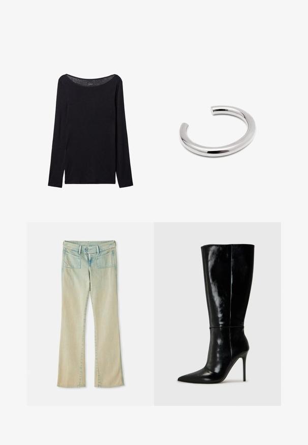 Black long-sleeve shirt with a wide neckline, made of soft fabric, featuring a fitted design and minimal stitching details.; Light blue denim flared jeans with a faded finish, featuring belt loops, two front pockets, and two back pockets with stitching accents.; Black leather knee-high boots with a pointed toe and high stiletto heel. Smooth texture and sleek design, featuring minimal detailing.; Silver cuff bracelet in a smooth, rounded design. Features a seamless, polished finish with an open end for easy wear.