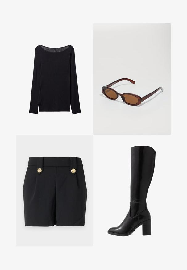 Chemise noire à manches longues avec un large col, en tissu doux, présentant une coupe ajustée et de minimalistes détails de couture.; Shorts noirs au design ajusté, dotés de boutons décoratifs dorés et d'une texture lisse. Sans poches ni coutures visibles.; Bottes noires à talons vernies hauteur genou, avec un bout arrondi, une texture lisse, un détail de découpe sur le côté et un talon empilé chunky.; Lunettes de soleil rondes teinte brun avec une monture bordeaux brillante. Branches fines avec un détail de marque subtil. Design de verres plats.
