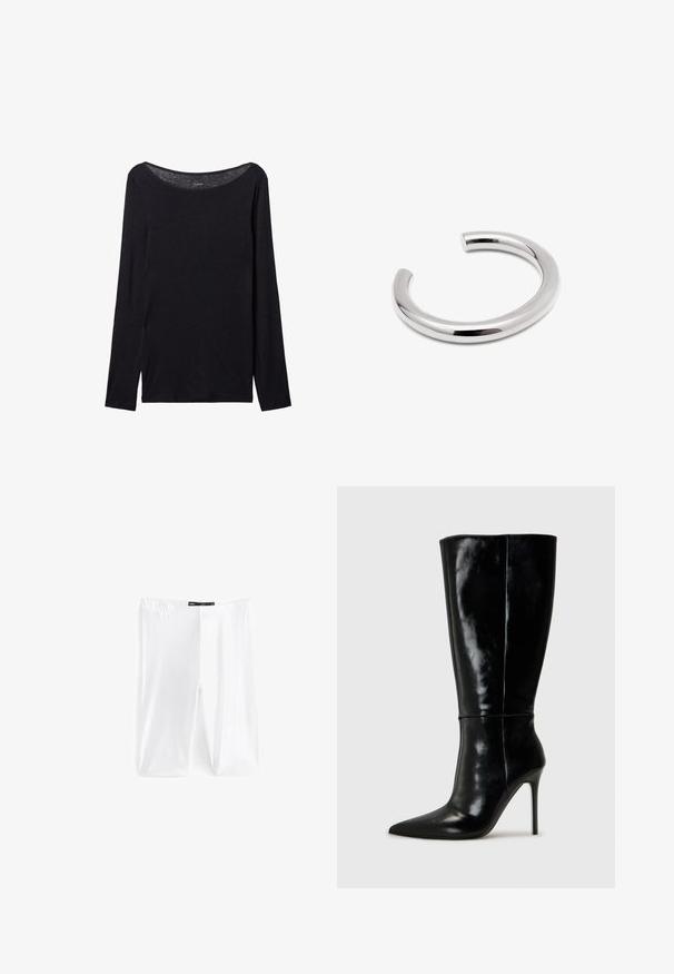 Schwarz langärmliges Shirt mit weitem Ausschnitt, aus weichem Stoff gefertigt, mit einer taillierten Passform und minimalen Nähten.; Weiße Leggings aus dehnbarem Stoff, mit einem elastischen Bund und glatter Textur. Keine Muster oder zusätzlichen Details sichtbar.; Schwarze Leder-Knielange Stiefel mit spitzem Schuh und hohem Stiletto-Absatz. Glatte Textur und elegantes Design, das sich durch minimale Details auszeichnet.; Silberne Armreife in einem glatten, abgerundeten Design. Verfügt über eine nahtlose, polierte Oberfläche mit einer offenen Enden für einfaches Tragen.