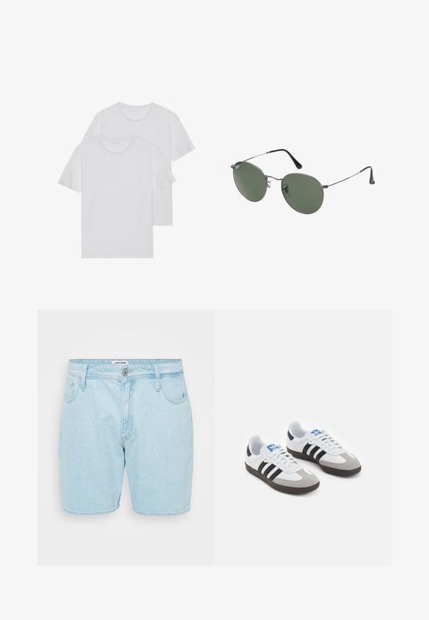 Dos camisetas de algodón blancas con cuello redondo, mangas cortas y una textura suave. Ambas tienen un color sólido y no presentan patrones ni elementos metálicos visibles.; Pantalones cortos de mezclilla azul claro con un corte relajado, que cuentan con cinco bolsillos, cierre de botón y una sutil textura desgastada.; Zapatillas deportivas con parte superior de piel blanca, puntera de ante gris y tres rayas negras. Presentan un logo azul en la lengüeta y una suela de goma texturizada.; Gafas de sol con marco de metal y lentes ovalados verdes. Marco delgado de metal plateado y puntas de las orejas negras. Diseño minimalista, sin logotipos visibles.