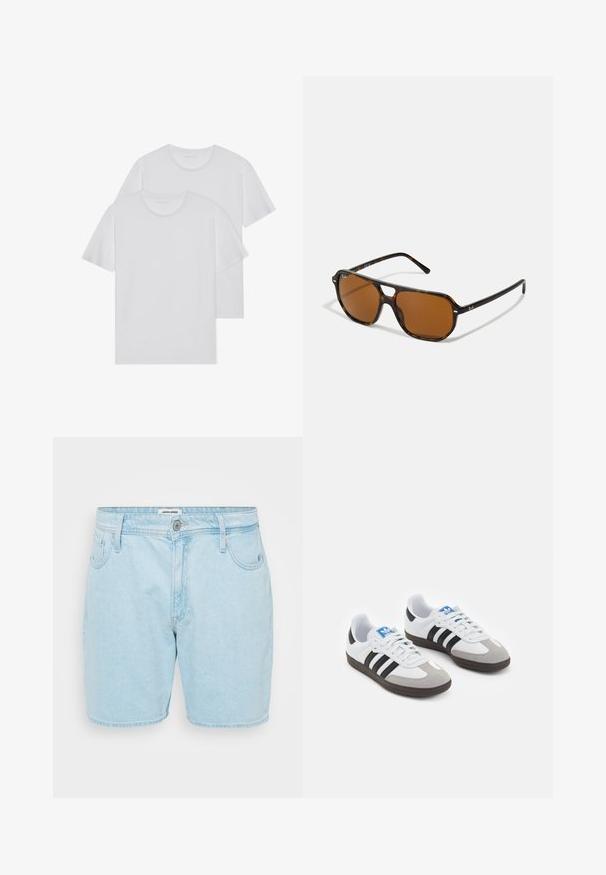 Duas t-shirts brancas de algodão com gola redonda, mangas curtas e uma textura suave. Ambas apresentam uma cor sólida e sem padrões ou metais visíveis.; Bermudas de ganga azul claro com um corte descontraído, apresentando cinco bolsos, fecho de botão e uma textura ligeiramente desbotada.; Ténis desportivos com um cabedal em pele branca, biqueira em camurça cinza e três riscas pretas. Apresenta um logo azul na língua e uma sola de borracha texturizada.; Óculos de sol tartaruga com lentes castanhas, de forma retangular e com detalhes em metal na armação. Design elegante com hastes finas.