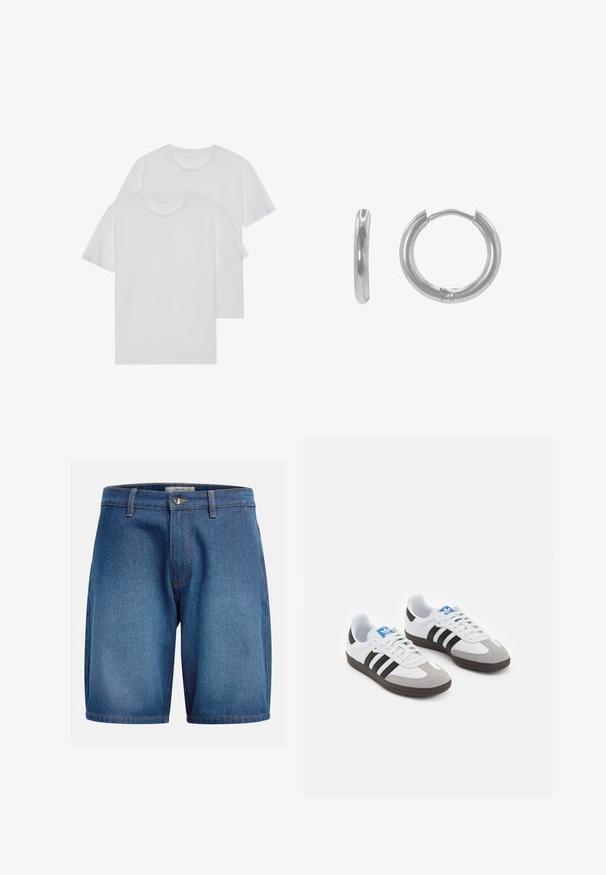 Due t-shirt bianchi in cotone con collo rotondo, maniche corte e una texture morbida. Entrambi presentano un colore uniforme e nessun motivo o hardware visibile.; Pantaloni corti in denim con un lavaggio blu scuro, design classico a cinque tasche, chiusura con zip e bottone, e cuciture a contrasto.; Scarpe sportive con tomaia in pelle bianca, punta in suede grigia e tre strisce nere. Presentano un logo blu sulla linguetta e una suola in gomma testurizzata.; Orecchino a cerchio in argento con design arrotondato, finitura lucida e un piccolo perno rotondo per la chiusura. Misura circa 2,5 cm di diametro.