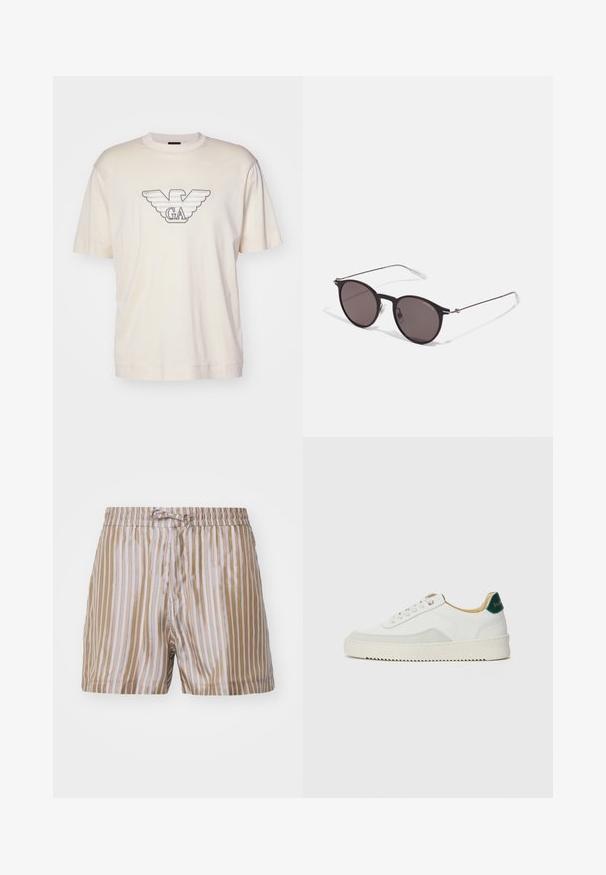Gai bēšas krāsas T-krekls no kokvilnas, ar lielu izšūtu ērgļa logo pelēkā un melnā krāsā uz krūtīm. Īsas piedurknes, brīvs piegriezums.; Tiger of Sweden TWOLUM - Šorti - forest leaves; Baltas sneakers ar zamša akcentiem, noapaļota purngala, plakaniem auklām un krēmkrāsas gumijas zoli. Ar zaļu zīmolu uz papēža.; Melni apaļi saulesbrilles ar tumšiem lēca un plānām metāla stangām. Iekļautas caurspīdīgas tempļu galviņas un sudraba akcenti pie eņģes. Minimalistisks dizains.