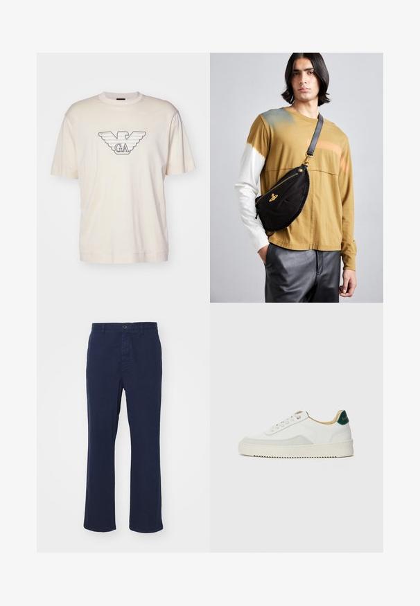 Lys beige t-skjorte laget av bomull, med et stort brodert ørnlogo i grått og svart på brystet. Korte ermer, avslappet passform.; Mørkeblå bomullsbukser med rett ben-design, med frontknapp og sidelommer. Glatt tekstur med minimal detaljering.; Hvit sneakers med semsket detaljer, rund tå, flate snøringer og en kremfarget gummisåle. Har grønn merking på hælen.; Vivienne Westwood CITY BUMBAG UNISEX - Rumpetaske - black