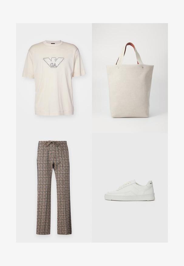 Camiseta de color beige claro hecha de algodón, con un gran logotipo de águila bordado en gris y negro en el pecho. Manga corta, ajuste relajado.; Pantalones de pierna ancha con estampado y cintura con cordón. Presentan un diseño de cuadrícula en rosa, negro, blanco y verde, con acentos florales.; Zapatilla de cuero blanca con un acabado suave, puntera redonda, cordones planos y suela texturizada. Cuenta con un sutil logo en el talón.; Bolsa de mano en tejido beige claro con un acabado texturizado, que cuenta con dos asas de cuero marrón contrastantes y acentos metálicos en la parte superior.