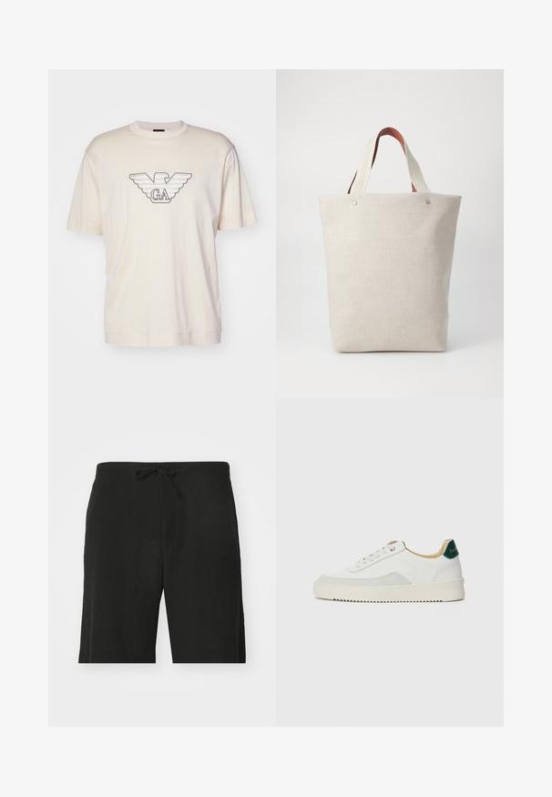 Világos bézs színű, pamut póló, amelyen a mellkason egy nagy, szürke és fekete hímezett sas logó található. Rövid ujjú, laza fazonú.; Fekete lenvászon rövidnadrág, húzózsinórral a deréknál, laza szabású és térd alatt végződő kialakítással. Simaság, egyszerű és klasszikus stílus.; Fehér sneaker suédé részletekkel, kerek orral, lapos fűzőkkel és krémszínű gumitalppal. Zöld logó található a sarkán.; Világos bézs szövetből készült tote táska textúrázott felülettel, két kontrasztos barna bőrkarral és fém kiegészítőkkel a tetején.