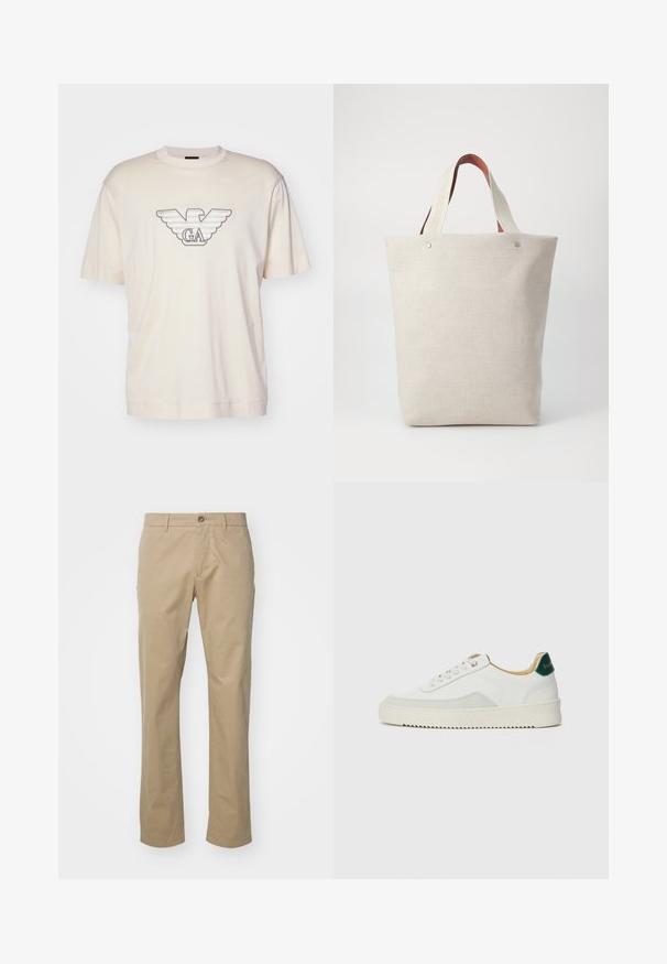 Svetlo bež majica iz bombaža, z velikim izvezenim logotipom orla v sivi in črni barvi na prsih. Kratke rokave, sproščen kroj.; Bež chinos hlače s ravnim krojem, izdelane iz bombažnega materiala, z enim sprednjim gumbom in standardnim pasom s пасом.; Bela trenerka z zaključki iz semiša, okroglo konico, ravne vezalke in kremna gumijasta podplata. Ima zeleno blagovno znamko na peti.; Tote torba iz svetle bež tkanine z teksturiranim površjem, ki ima dve kontrastni rjavi usnjeni roki in kovinske detajle na vrhu.