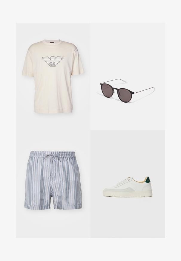 Világos bézs színű, pamut póló, amelyen a mellkason egy nagy, szürke és fekete hímezett sas logó található. Rövid ujjú, laza fazonú.; Csíkos fürdőnadrág világoskék és fehér színben, rugalmas derékkal, zsinórral és sima, könnyű anyaggal.; Fehér sneaker suédé részletekkel, kerek orral, lapos fűzőkkel és krémszínű gumitalppal. Zöld logó található a sarkán.; Fekete kerek napszemüveg sötét lencsékkel és karcsú fém szárakkal. Átlátszó szárvégeket és ezüst részleteket tartalmaz az ívnél. Minimalista dizájn.