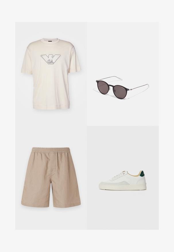 Light beige t-shirt made of cotton, featuring a large embroidered eagle logo in grey and black on the chest. Short sleeves, relaxed fit.; Beige linen shorts with an elastic waistband, featuring a relaxed fit, side pockets, and a smooth texture. No visible patterns or accents.; White sneaker with suede accents, rounded toe, flat laces, and a cream rubber sole. Features green branding on the heel.; Black round sunglasses with dark lenses and slim metal arms. Includes clear temple tips and silver accents at the hinge. Minimalist design.