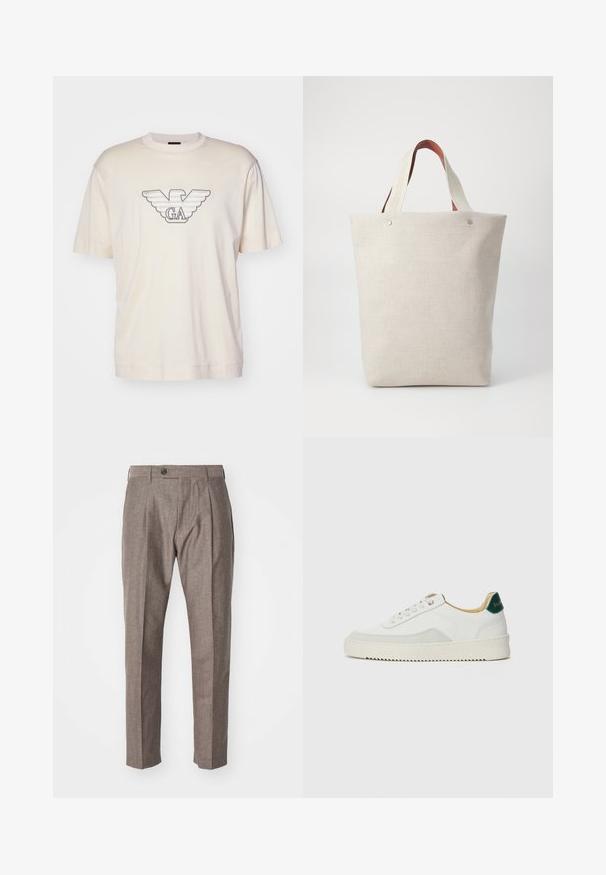 Lichtbeige t-shirt gemaakt van katoen, met een groot geborduurd adelaarlogo in grijs en zwart op de borst. Korte mouwen, relaxte pasvorm.; Paul Smith TROUSER - Broek - brown; Witte sneaker met suède accenten, ronde neus, platte veters en een crème rubberen zool. Bevat groene branding op de hiel.; Tasje van lichtbeige stof met een gestructureerde afwerking, voorzien van twee contrasterende bruine leren handgrepen en metalen accenten aan de bovenkant.