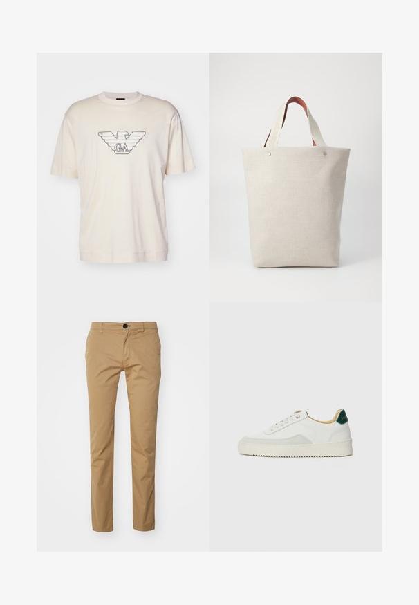 Vaaleanbeige t-paita, joka on valmistettu puuvillasta ja jossa on suuri, harmaalla ja mustalla brodeerattu kotka-logo rintataskussa. Lyhyet hihat, rento istuvuus.; Beige puuvillahousut kapealla mitoituksella, joissa on yksi nappi kiinnitys, etutaskut ja sileä pinta. Tasapintainen muotoilu.; Valkoiset tennarit, joissa on nahkaosia, pyöreä kärki, tasaiset nauhat ja kermaisa kumi-pohja. Takana vihreä brändäys.; Kangaskassi vaaleanbeigeessä, tekstuuripinnassa, jossa on kaksi erottuvaa ruskeaa nahkahandlaa ja metallikoristeita ylhäällä.