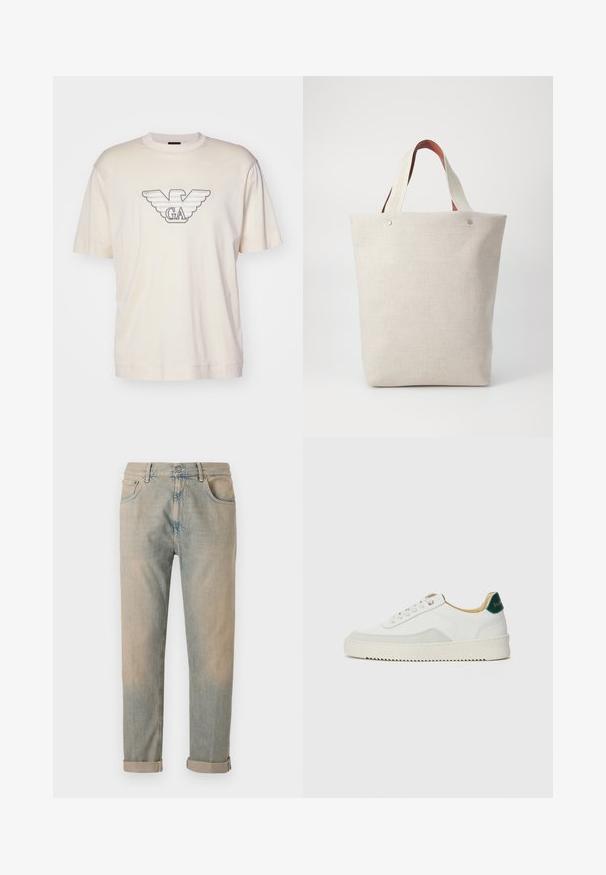 Camiseta de color beige claro hecha de algodón, con un gran logotipo de águila bordado en gris y negro en el pecho. Manga corta, ajuste relajado.; Jeans de denim beige con puños enrollados, diseño de cinco bolsillos y un ligero desgaste. Presenta costuras a lo largo de las costuras y un simple cierre de botón.; Zapatilla blanca con acentos de ante, puntera redondeada, cordones planos y suela de goma color crema. Presenta un logo verde en el talón.; Bolsa de mano en tejido beige claro con un acabado texturizado, que cuenta con dos asas de cuero marrón contrastantes y acentos metálicos en la parte superior.