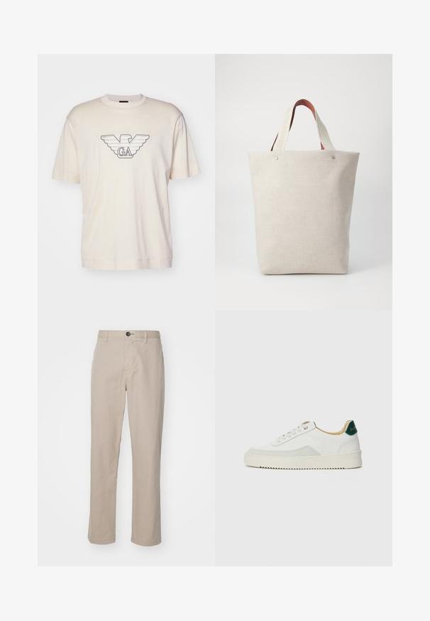 Lichtbeige t-shirt gemaakt van katoen, met een groot geborduurd adelaarlogo in grijs en zwart op de borst. Korte mouwen, relaxte pasvorm.; Beige rechtlopende broek van lichtgewicht stof, met een knoopsluiting en subtiele stikdetails. Platte voorkant met zijzakken.; Witte sneaker met suède accenten, ronde neus, platte veters en een crème rubberen zool. Bevat groene branding op de hiel.; Tasje van lichtbeige stof met een gestructureerde afwerking, voorzien van twee contrasterende bruine leren handgrepen en metalen accenten aan de bovenkant.