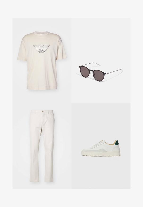Ljusbeige t-shirt i bomull med en stor broderad örnlogotyp i grått och svart på bröstet. Korta ärmar, avslappnad passform.; Beige bomullsblandade byxor med rak passform, utrustade med knappstängning fram, bälteshällor och minimalistisk design. Slät textur.; Vit sneaker med mockadetaljer, rund tå, platta snören och en krämfärgad gummisula. Har grön branding på hälen.; Svarta runda solglasögon med mörka linser och smala metallarmar. Inkluderar klara tempeltips och silverdetaljer vid gångjärnet. Minimalistisk design.
