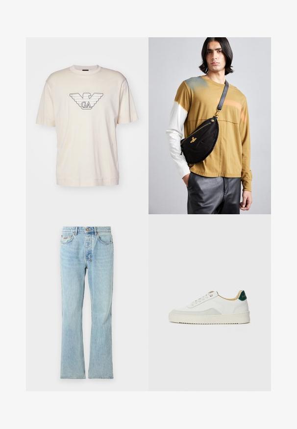 Gai bēšas krāsas T-krekls no kokvilnas, ar lielu izšūtu ērgļa logo pelēkā un melnā krāsā uz krūtīm. Īsas piedurknes, brīvs piegriezums.; Gaiši zili džinsi ar taisnu kāju griezumu, klasiska piecu kabatu dizains, viegli nolietoti efekti un metāla pogu aizdare jostas daļā.; Baltas sneakers ar zamša akcentiem, noapaļota purngala, plakaniem auklām un krēmkrāsas gumijas zoli. Ar zaļu zīmolu uz papēža.; Vivienne Westwood CITY BUMBAG UNISEX - Jostas soma - black