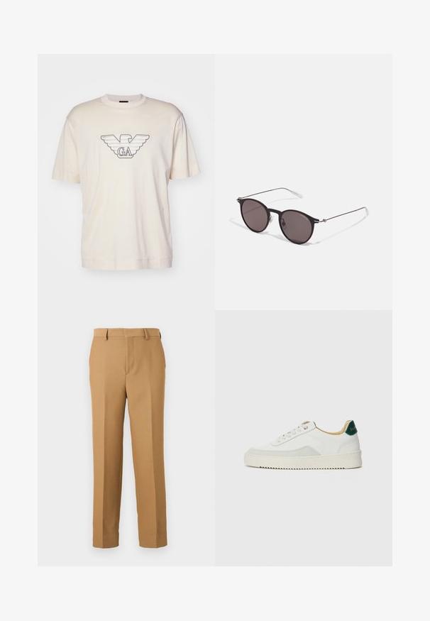 Lys beige t-skjorte laget av bomull, med et stort brodert ørnlogo i grått og svart på brystet. Korte ermer, avslappet passform.; Beige dressbukser laget avvevd stoff, med rett snitt, flat front og beltehemper. Glatt tekstur uten synlige mønstre.; Hvit sneakers med semsket detaljer, rund tå, flate snøringer og en kremfarget gummisåle. Har grønn merking på hælen.; Sorte, runde solbriller med mørke linser og slanke metalarmer. Inkluderer klare temple tips og sølvfargede detaljer ved hengslet. Minimalistisk design.
