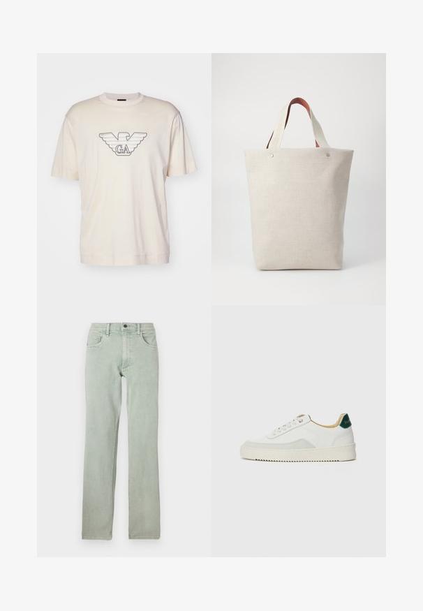 Svetlo bež majica iz bombaža, z velikim izvezenim logotipom orla v sivi in črni barvi na prsih. Kratke rokave, sproščen kroj.; Svetlozeleni denimski kavbojki s ravnim krojem, petimi žepi in gumbom za zapiranje, z blagim zbledelostjo in gladko teksturo.; Bela trenerka z zaključki iz semiša, okroglo konico, ravne vezalke in kremna gumijasta podplata. Ima zeleno blagovno znamko na peti.; Tote torba iz svetle bež tkanine z teksturiranim površjem, ki ima dve kontrastni rjavi usnjeni roki in kovinske detajle na vrhu.