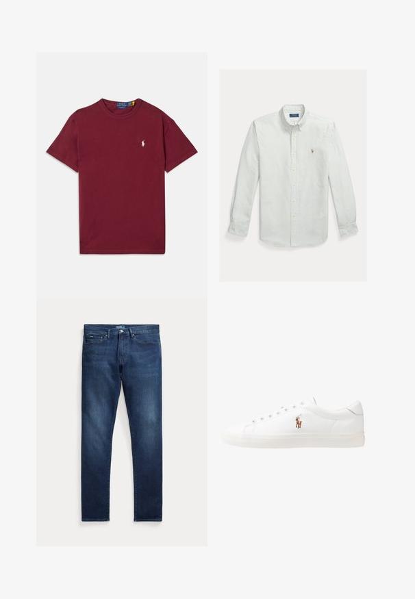 T-shirt de algodão bordô com mangas curtas, decote redondo e logótipo branco bordado no lado esquerdo do peito. Textura suave e corte clássico.; Camisa de botões com riscas verde-claro e branco em algodão, com colarinho clássico e pequeno logótipo bordado no peito.; Calças de ganga azul escura com corte de perna reta, com cinco bolsos, fecho de botão e ligeiro desgaste próximo às coxas.; Sapatilhas de couro brancas, design de cano baixo, com textura suave, biqueira redonda, atacadores à frente e um pequeno logótipo bordado na lateral.