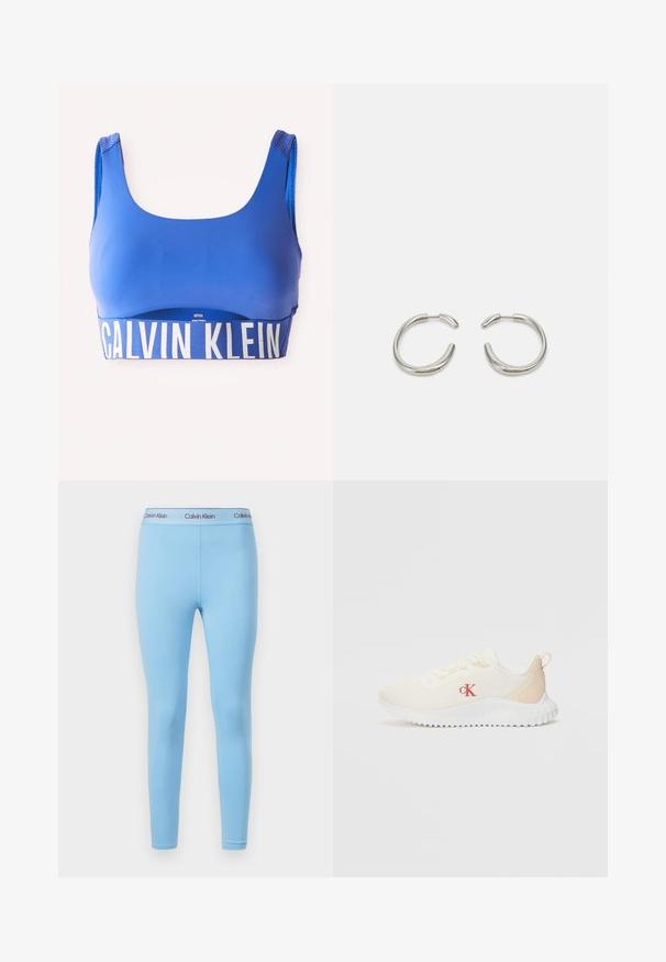 Modré športové podprsenka s širokými ramienkami a veľkým bielym pásom s logom "Calvin Klein" pozdĺž spodnej časti, umiestnená na bielom pozadí.; Modré legíny vyrobené z hladkej, elastickej látky, ktoré majú jednoliatu farbu a pás s logom "Calvin Klein" v kontrastných farbách.; Biele športové tenisky z mriežkového materiálu s textúrovaným povrchom, svetlo béžovými akcentmi, zvýšenou bielou podrážkou a červeným logom "CK" na boku.; Strieborné kruhové náušnice s hladkým, zaobleným dizajnom a elegantným, lesklým povrchom. Majú minimalistický tvar s jemným otvorom.