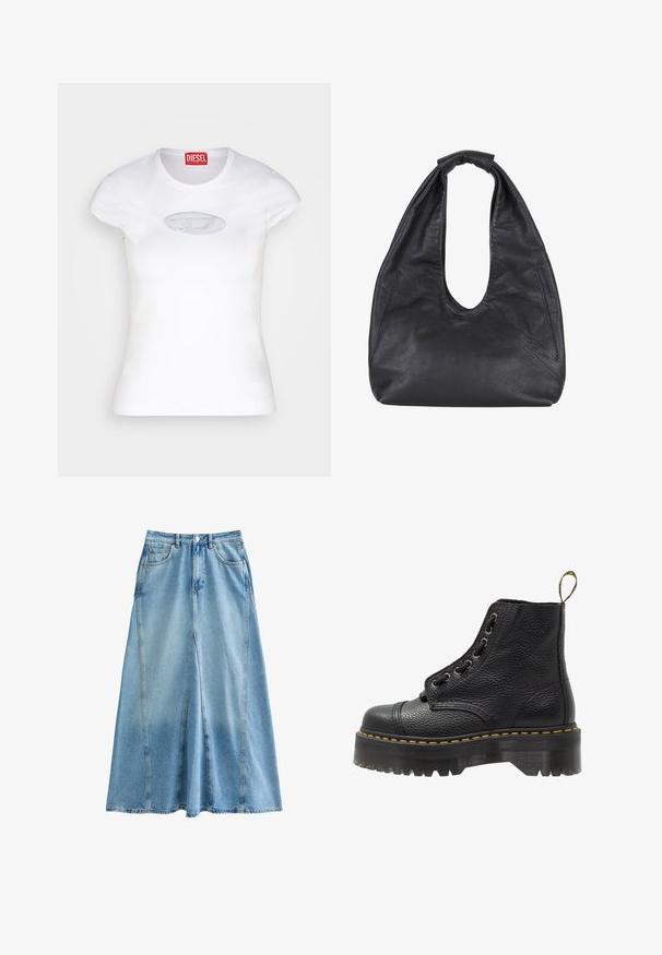 Vit figursydd T-shirt i bomull med rund halsringning och korta ärmar, prydd med en ljusblå broderad logotyp på framsidan.; Ljusblå denimkjol med en utfläxad design, två framfickor och synlig sömnad längs sömmarna. Avslappnad och mångsidig form.; Svart läderankelboot med texturerad yta, rund tå, snörningsdesign, gul stygn och en tjock, mönstrad svart plattformssula.; Svart läderhåbbag med en avslappnad form, stor utskärning och två sidofickor. Mjuk textur och knutdetalj på remmen.