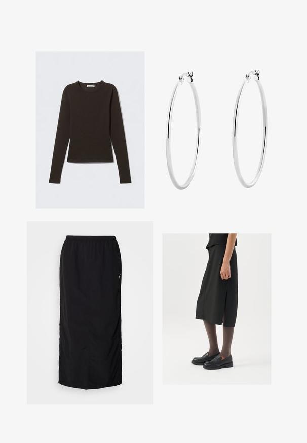 Mörkbrun långärmad topp, tillverkad av mjukt och stretchigt material. Har rundad halsringning och en slim fit. Lappen säger "WEEKDAY."; Svart sportkjol med elastisk midja, med sidofickor för enkel rörelse och minimal varumärkesdetalj på höger sida.; Svart knälång kjol med sidoklyv, kombinerad med svarta loafers och genomskinliga bruna strumpbyxor, med en slät textil och enkel design.; Silverörhängen med en slät, polerad yta och en tunn, cirkulär form. Designen har en säker låsning.