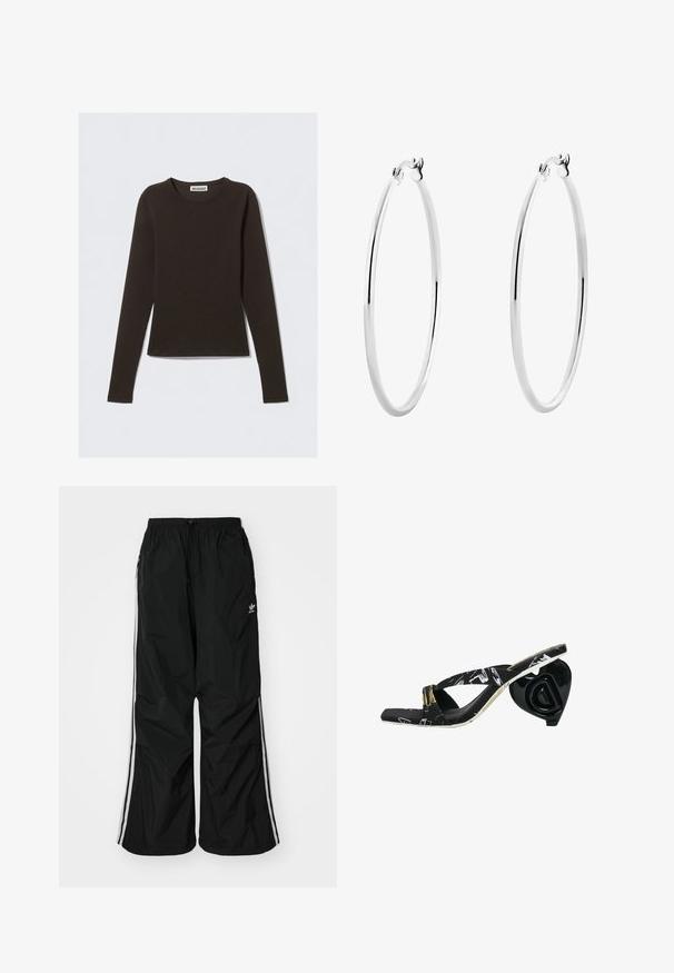 Dlhý rukáv v tmavo hnedej farbe, vyrobený z mäkkej a elastickej látky. Má okrúhly výstrih a slim fit. Na etikete je nápis "WEEKDAY."; Čierne vetrovky nohavice s elastickým pásom, šnúrkou na stiahnutie, bielymi bočnými pruhmi, voľným strihom, s malým logom na ľavej strane.; Čierne šľapky s krížovými popruhmi, vzorovaným zvrškom a so sochárskym čiernym podpätkom v tvare srdca s detailom loga.; Strieborné kruhové náušnice s hladkým, lesklým povrchom a tenkým, kruhovým tvarom. Dizajn obsahuje bezpečné zapínanie.
