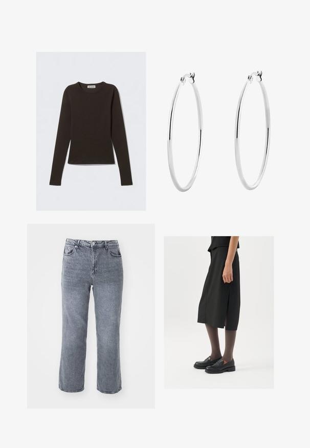 Maglietta a maniche lunghe di colore marrone scuro, realizzata in un tessuto morbido ed elastico. Presenta un colletto rotondo e una vestibilità aderente. L'etichetta reca la scritta "WEEKDAY."; Jeans grigi alti in vita realizzati in denim, con taglio dritto, doppie tasche anteriori e una tasca posteriore singola con un leggero sbiadimento.; Gonna nera alla lunghezza del ginocchio con spacco laterale, abbinata a mocassini neri e collant trasparenti marroni, caratterizzata da un tessuto liscio e un design semplice.; Orecchini a cerchio in argento con una superficie liscia e lucida e una forma circolare sottile. Il design presenta una chiusura sicura.