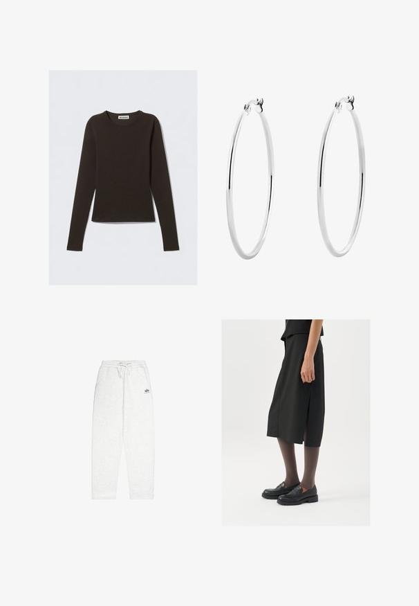 Langærmet top i mørkebrun, lavet af blødt, strækbart stof. Har en rund halsudskæring og en tætsiddende pasform. Mærket hedder "WEEKDAY."; Lysegrå sweatpants lavet af blødt stof, med elastisk talje og snoretræk, sidelommer og et lille logo foran.; Sort knælange nederdel med sideslids, parret med sorte loafers og gennemsigtige brune strømpebukser, der har et glat stof og et enkelt design.; Sølv hoops øreringe med en glat, poleret overflade og en tynd, cirkulær form. Designet har en sikker låsemekanisme.