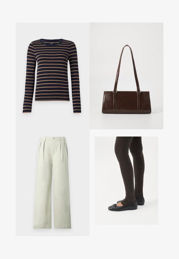 Langarmige marineblauwe shirt met bruine horizontale strepen en een ronde halslijn, weergegeven tegen een witte achtergrond.; Lichtgroene wijde broek van soepel materiaal, met plooien, een enkele knoop in de tailleband en een strakke snit.; Zwarte platte schoenen met een kleine strikdetail op de neus, gecombineerd met donkerbruine geribbelde panty’s. De schoenen hebben een gladde textuur en een lage profiel.; Bruine lakleren handtas met een rechthoekige vorm, twee lange handvatten en subtiele gebogen accenten aan de voorkant.