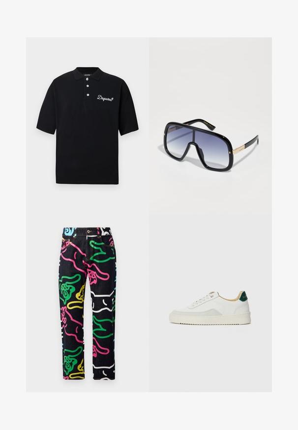 Polo noir en coton, avec un col traditionnel, une patte de boutonnage à trois boutons, et un logo brodé blanc sur la poitrine.; Jean en denim avec une base noire ornée de motifs abstraits colorés en rose, vert, bleu, jaune et blanc. Design classique à cinq poches.; Baskets blanches avec des accents en daim, bout arrondi, lacets plats et semelle en caoutchouc crème. Présente une marque verte sur le talon.; Lunettes de soleil surdimensionnées noires avec une lentille dégradée violette, finition brillante et accents dorés sur les branches. Forme de cadre rectangulaire.