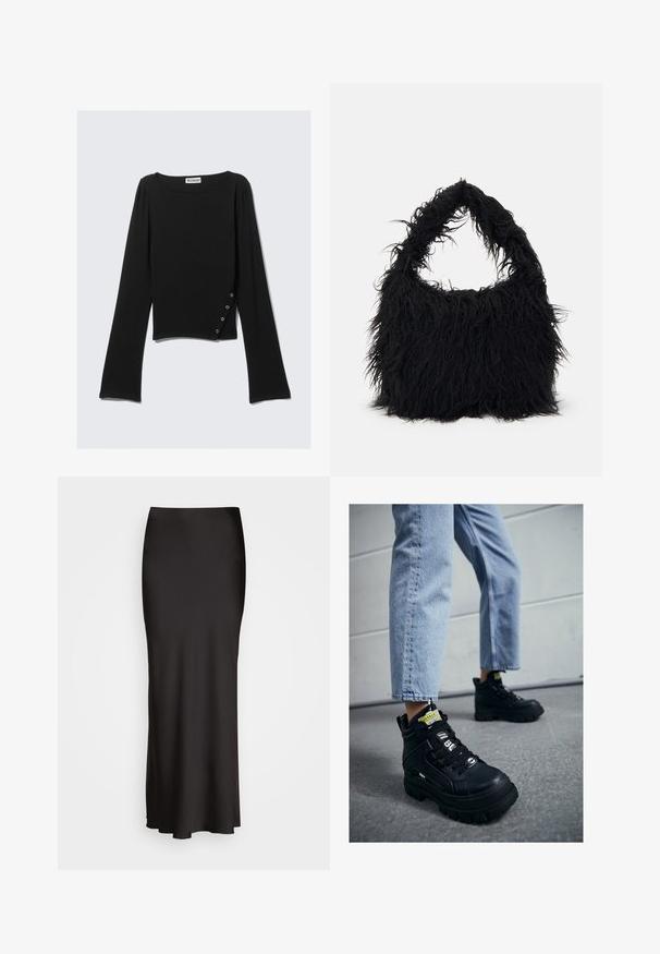 Zwarte top met lange mouwen van een gladde stof, met een bootcut halslijn, cropped lengte en een zijdetail met zilveren drukkers.; Zwarte, vloerlange satijnen rok met een gladde textuur, een aansluitende tailleband en een A-lijn silhouet, zonder zichtbare versieringen of patronen.; Zwarte hoge sneakers met een chunky zool, voorzien van vetersluiting, logo-accenten en gele labels. Gdragend met lichtblauwe cropped jeans.; Even&Odd Shopper - black