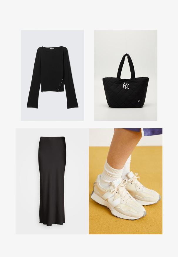 Schwarzes langärmliges Oberteil aus glattem Stoff, mit einem weitem Halsausschnitt, cropped Länge und einem seitlichen Detail mit silbernen Druckknöpfen.; Schwarzer, bodenlanger Satinrock mit glatter Textur, tailliertem Bund und A-Linien-Silhouette, ohne sichtbare Verzierungen oder Muster.; New Balance WS327 - Sneaker low - offwhite; Gepolsterte schwarze Tragetasche mit doppelten Griffen, mit einem weißen Logo der New York Yankees und einem kleinen Markensymbol an der Seite.