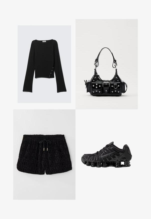 Melnā garo piedurkņu blūze, kas izgatavota no gludas auduma, ar laivu formas kakla izgriezumu, īsu garumu un sānu detaļu ar sudraba pogām.; Melni šorti ar samta tekstūru, ar visu virsmu izceltiem Versace logotipiem, elastīgu jostu un atbilstošu auklu.; Melnas sporta kurpes ar sietveida augšdaļu un spīdīgām virsmas daļām. Iezīmēta ar izliekta spirāla spilvenu un teksturētām līnijām sānos. Redzams Nike logo.; Melnas ādas rokturmais ar izliekumu, ar sudraba iedurtiem, sprādzi un divām sānu kabatām. Regulējams siksniņas garums dažādām nēsāšanas iespējām.