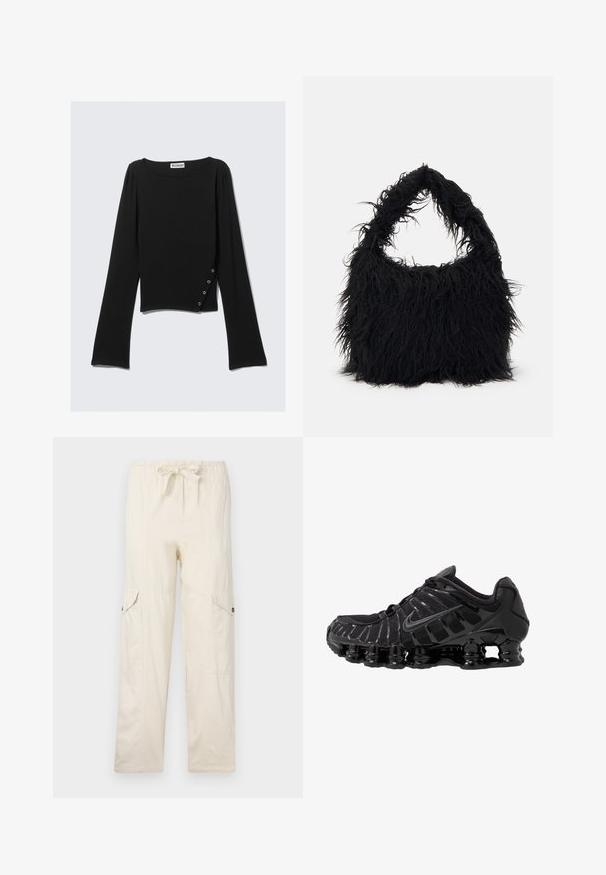 Top preto de manga longa, feito de tecido suave, com um decote barco, comprimento cropped e um detalhe lateral com botões de prata.; Calças cargo bege com cintura ajustável por cordão, apresentando dois bolsos laterais e costuras decorativas. Feitas de material de algodão leve.; Sapato atlético preto com parte superior em malha e sobreposições brilhantes. Apresenta amortecimento em espiral curvado e linhas texturizadas na lateral. Logotipo da Nike visível.; Even&Odd Saco de mão - black