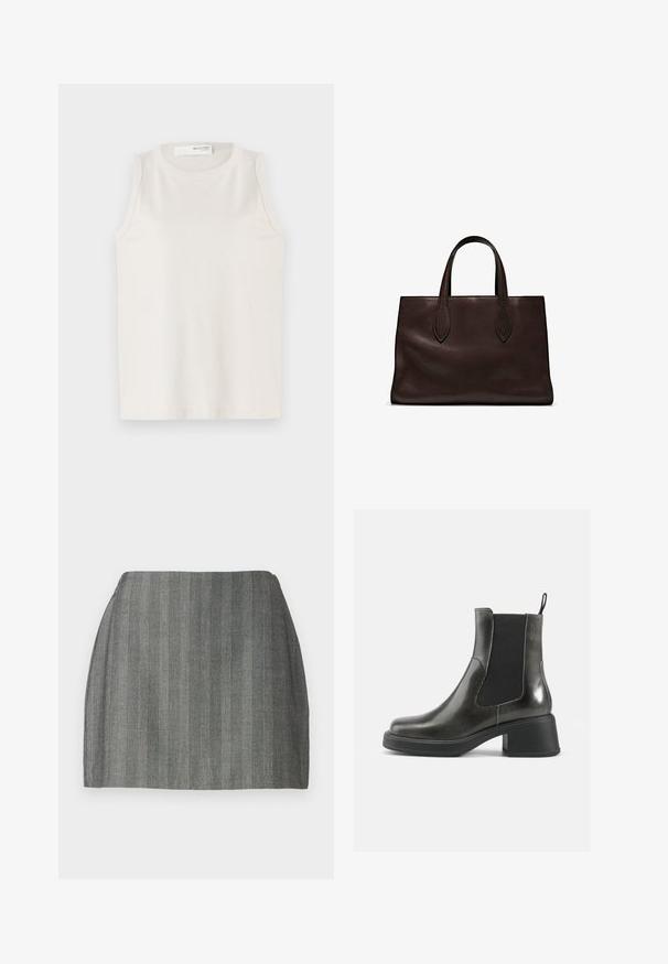 Weißes ärmelloses Oberteil aus weichem, glattem Stoff. Verfügt über einen runden Ausschnitt und ein schlichtes Design ohne Verzierungen oder Muster.; Grauer Minirock aus strukturierter Stoffqualität, mit vertikalen Nadelstreifen und taillierter Passform. Gerader Schnitt und glatte Oberfläche.; Schwarze Leder-Ankle-Boots mit glatter Oberfläche, elastischen Seitenpanelen und einem massiven Absatz. Sie verfügen über eine Zugschlaufe für einfaches Anziehen.; Braune Ledertasche mit zwei langen Griffen, strukturierte rechteckige Form, glatte Textur und dezente Nähdetails.