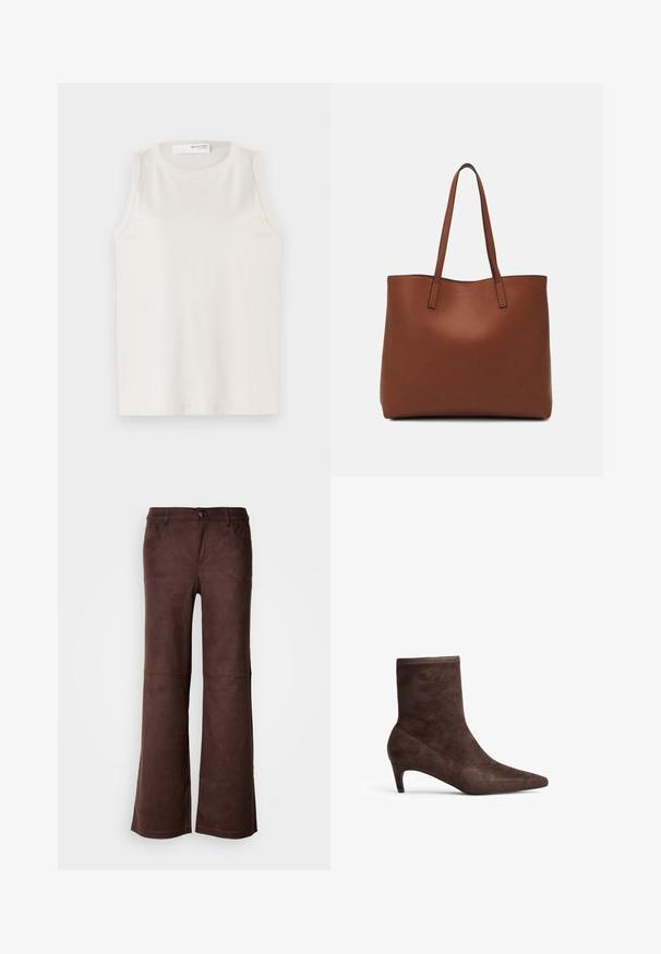 Bela brezrokavna majica, izdelana iz mehkega in gladkega blaga. Ponuja okroglo izreznico in preprost dizajn brez okrasnih elementov ali vzorcev.; Rjave širše hlače iz mehkega, suedenemu podobnega materiala. Imajo štiri žepe, zapiranje s gumbom in gladko, teksturirano površino.; Rjava zamšena gležnjar s koničastim nosom in ozkim peto. Ima gladko teksturo in visok dizajn špičastega dela.; Rjava usnjena torba z gladko teksturo, odprto zasnovo zgoraj in dvema naramnima trakovoma. Opremljena je z minimalnim šivanjem in brez vidnih kovinskih delov.