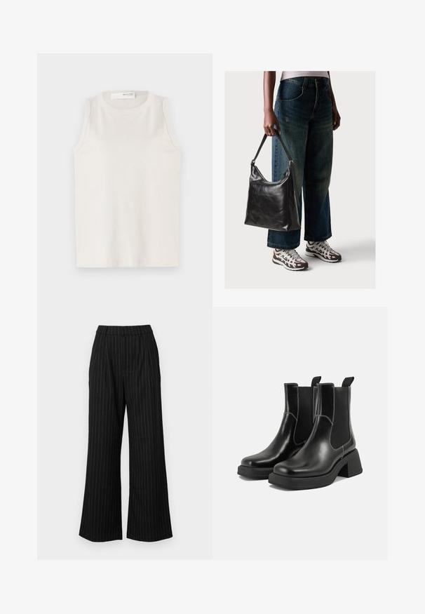 Hvit ermeløs topp laget av mykt, glatt stoff. Har rund halslinning og en enkel design uten dekorasjoner eller mønstre.; Hollister Co. TAILORED WIDE LEG - Bukse - black; Sorte lær Chelsea støvler med en kraftig hæl, elastiske sidepaneler og kontrasterende hvid syning. Teksturert overflate.; Sort skinnveske med en glatt tekstur og justerbar stropp, kombinert med falmede vide jeans og atletiske sneakers.
